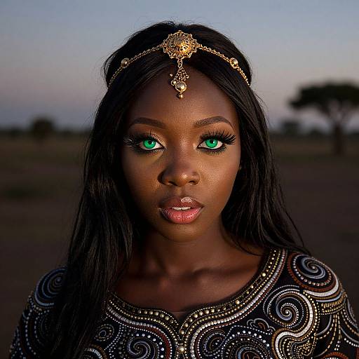 Photograph of a dark-skinned woman with striking green eyes, wearing a gold headpiece, intricate black and silver patterned top, against a twilight