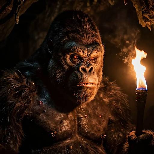 Photograph of a realistic, dark-furred gorilla holding a flaming torch in a dimly lit, cave-like setting, creating a dramatic, intense