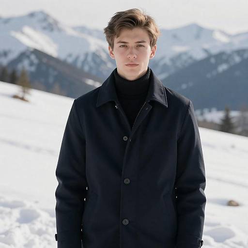 Young Man in Navy Coat at Snowy Mountains