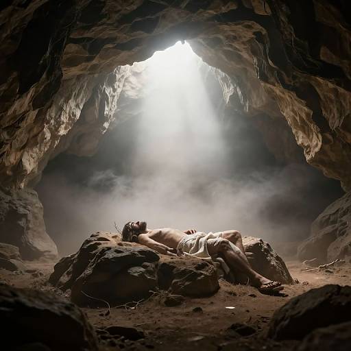 Photograph of a shirtless man lying exhausted on rocks inside a dark, rocky cave with sunlight streaming through the entrance.