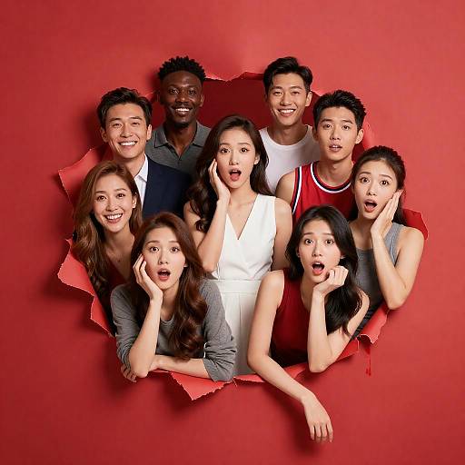 Group of Diverse Friends Peeking Through Torn Red Paper