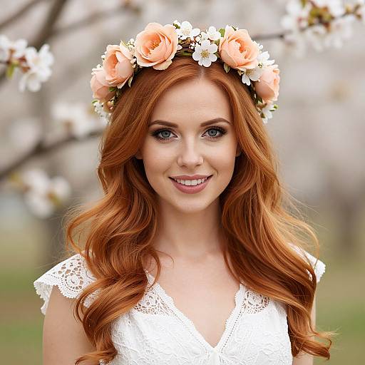 Photograph of a smiling red-haired woman with wavy locks, wearing a white lace dress and a pink rose flower crown, against a blurred spring background