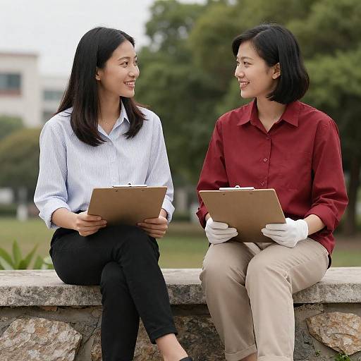 Two Asian Women on Stone Wall