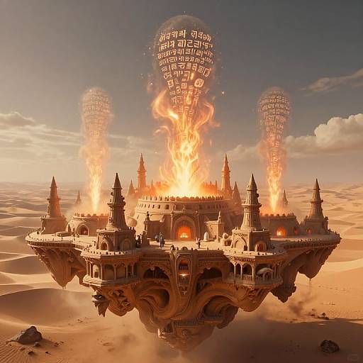 Digital artwork of a floating, fire-erupting, ornate castle with three glowing, translucent towers in a desert sky, under a sunset glow