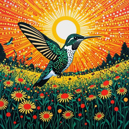 Abstract Hummingbird with Sunrise Meadow