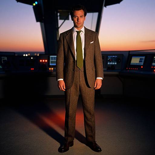 Photograph of a man in a brown checkered suit, white shirt, and green tie, standing on an airport tarmac at sunset, with control