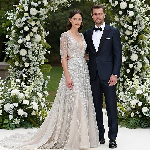 Photograph of a couple standing in front of a white floral arch; woman in sparkling white gown, man in black tuxedo.