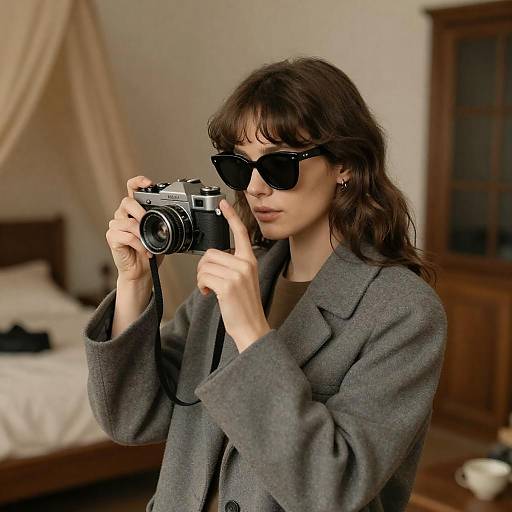 Focused Woman with Vintage Camera