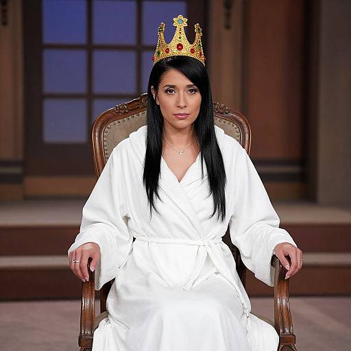 Photograph of a woman with long black hair, wearing a white robe and gold crown, seated on a wooden chair, against a dark wooden background.