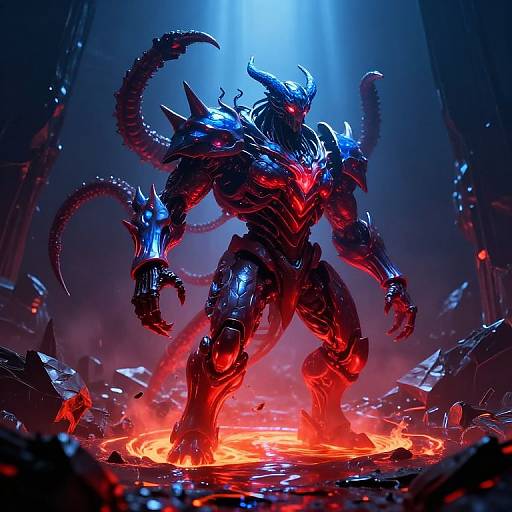 Digital artwork of a towering, armored, demonic creature with glowing red eyes and blue metallic armor, standing on a fiery, glowing red circle in a dark