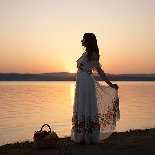 Silhouetted pregnant woman in floral dress holding skirt, standing by sunset over calm lake, with basket of fruits on grass.
