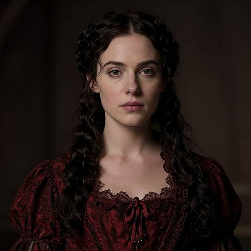 Photograph of a pale-skinned woman with long, curly dark hair, wearing a deep red lace dress, against a dark background. Serious expression.