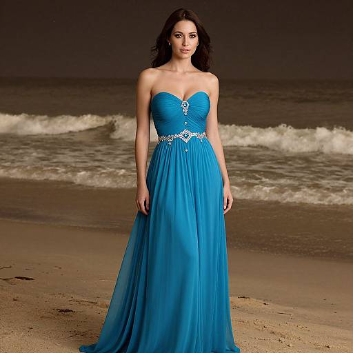 Photograph of a dark-haired woman in a strapless, blue, floor-length gown with a diamond-encrusted belt, standing on a sandy