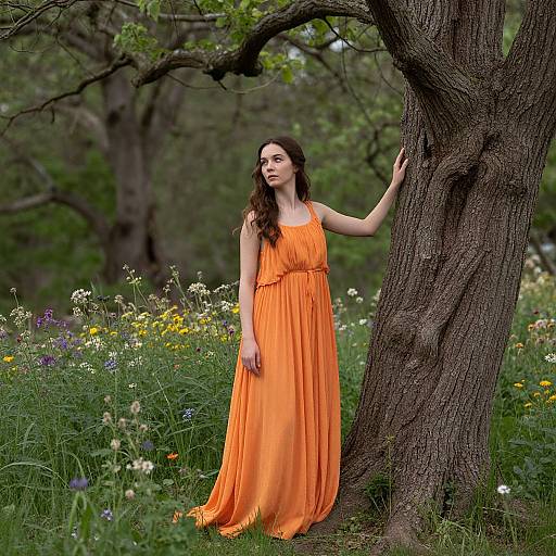 Photograph of a slender woman with long brown hair, wearing a flowing orange dress, standing against a tree in a lush, wildflower-filled meadow