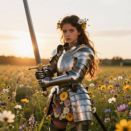 Photograph of a young woman in medieval silver armor, holding a sword, standing in a sunlit flower field at sunset. Flowers adorn her hair and