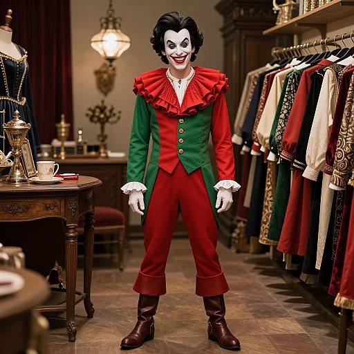 Photograph of a creepy clown in a green and red outfit, standing in a vintage clothing store with antique furniture and hanging clothes.