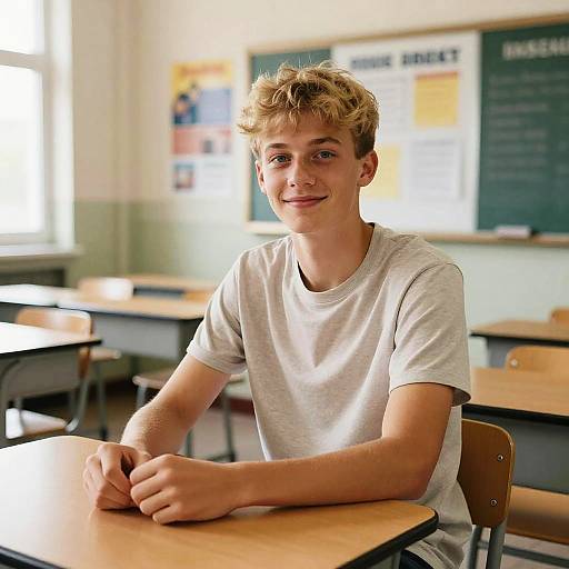 Photograph of a young, blonde, white male with curly hair, smiling, wearing a white t-shirt, seated in a sunlit classroom.
