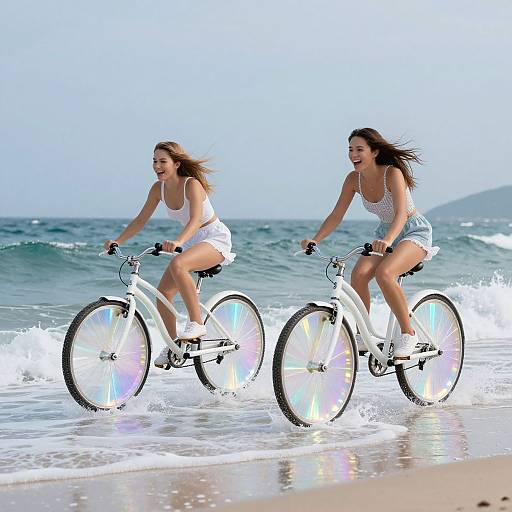 Photograph of two laughing women in white bikinis riding iridescent bicycles in shallow ocean waves on a sunny beach.