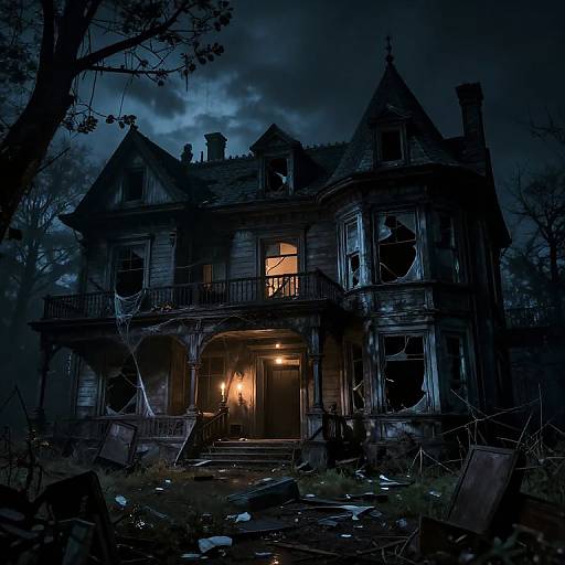 Photograph of a dark, eerie, abandoned Victorian house at night, with broken windows, overgrown yard, debris, and a warm orange light glowing