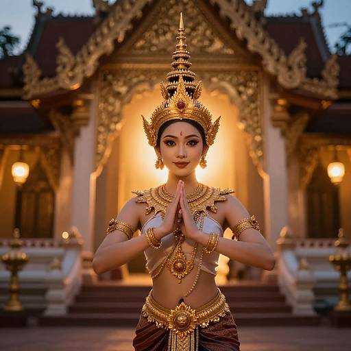 Photograph of an elegant Asian woman in traditional gold and brown dance attire, hands in prayer pose, standing in front of a glowing, ornate temple