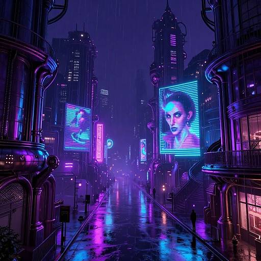 Neon-lit, cyberpunk city street at night, raining, with glowing purple and blue billboards, futuristic buildings, and silhouetted