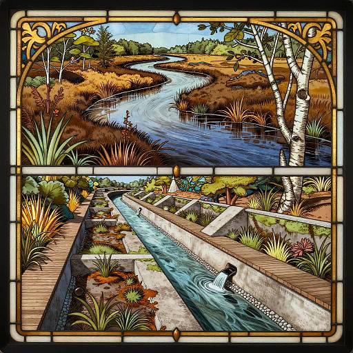 Art Nouveau Stained Glass River System Panel