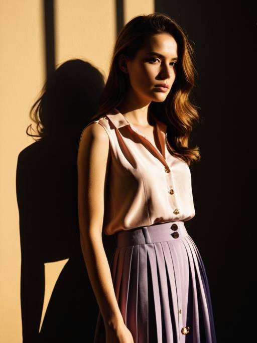 Chic Woman in Silk Blouse and Pleated Skirt