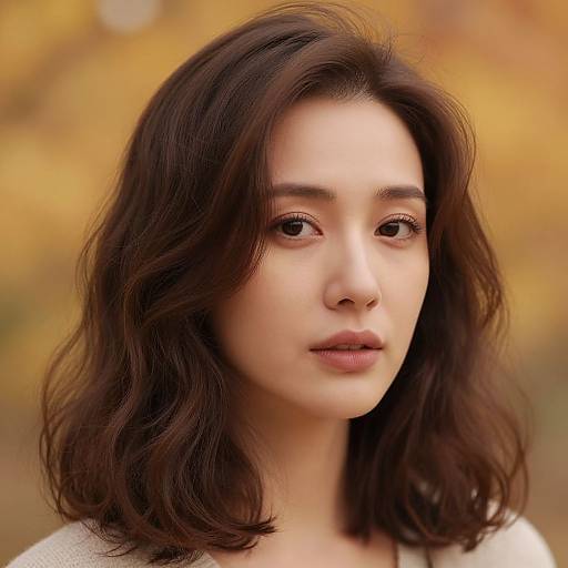 Photorealistic portrait of a fair-skinned woman with wavy, shoulder-length dark brown hair, soft brown eyes, and a neutral expression, set
