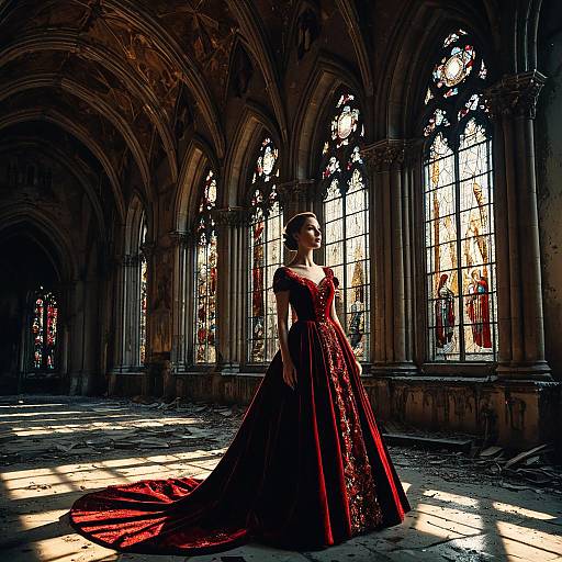 Aristocratic Woman in Red Velvet Gown in Abandoned Cathedral