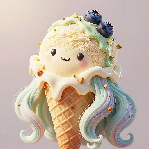 Cute digital illustration of an ice cream cone with a smiling, whipped cream face, blueberries, and pastel rainbow hair, against a light background