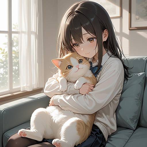 Happy Girl Hugging Cat Artwork