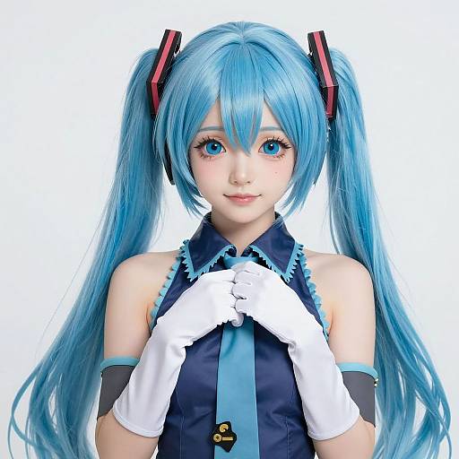 Photorealistic digital artwork of a young woman with long blue twin-tails, wearing a Vocaloid-inspired outfit with white gloves, black and blue sleeve