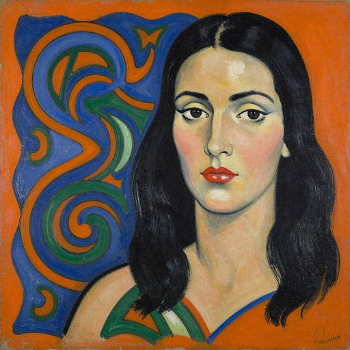 Oil painting of a woman with pale skin, black hair, red lips, and green dress, against an orange background with blue and green swirling patterns.