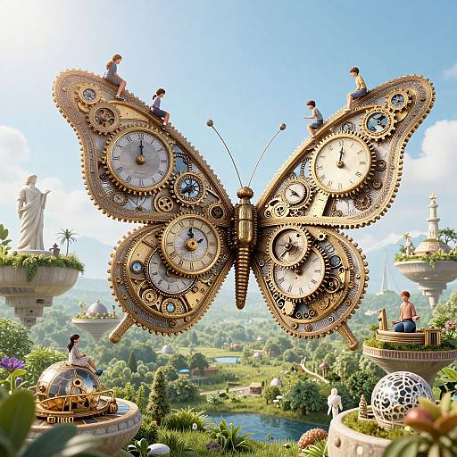 Digital artwork of a giant steampunk butterfly with clock gears, people sitting on its wings, floating gardens, and a lush, vibrant landscape.