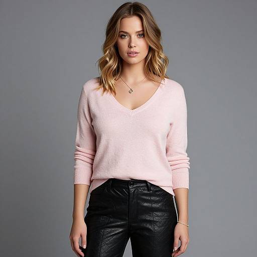 Photograph of a blonde woman with wavy hair, wearing a light pink V-neck sweater and black leather pants, against a plain gray background.