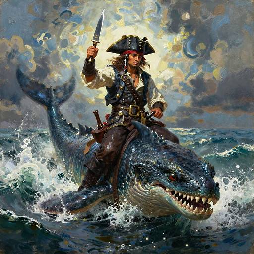 Dramatic Pirate Riding Sea Monster