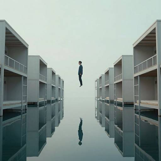 Photograph of a solitary man in a black suit standing on a reflective, mirrored surface between two rows of gray, empty, metal bookshelves under