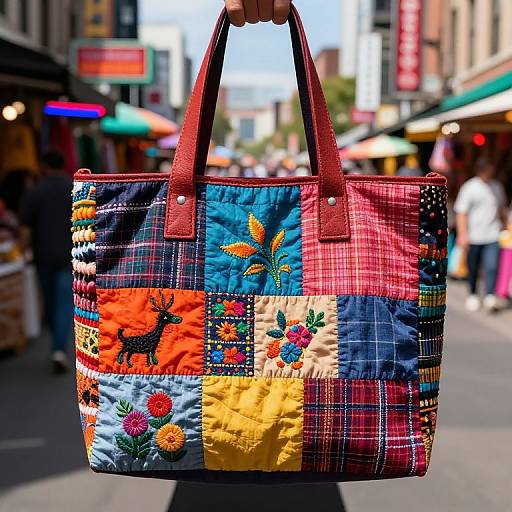 Photograph of a colorful patchwork handbag with red handles, featuring vibrant floral and plaid patterns, held in a busy urban street.