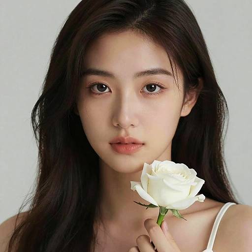 Photograph of an Asian woman with long black hair, fair skin, holding a white rose near her face against a plain light blue background.