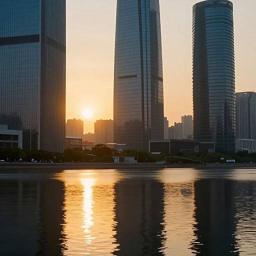 Photograph of a city skyline at sunset, featuring tall glass skyscrapers reflecting golden sunlight on a calm river, with silhouetted buildings in