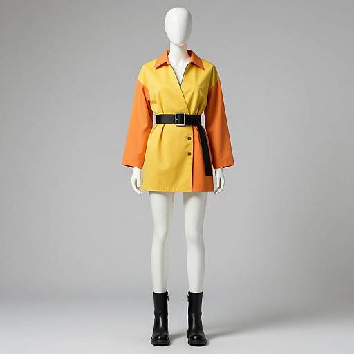 Photograph of a faceless white mannequin wearing a yellow-orange coat with black belt, black boots, and gray background.
