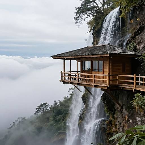 Photograph of a wooden cabin perched on a cliff with a waterfall cascading beside it, surrounded by misty fog and lush greenery.