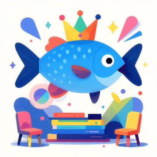 Vibrant digital illustration of a blue, cartoon fish with colorful fins and crown, floating above a playful, multi-colored playroom with chairs.