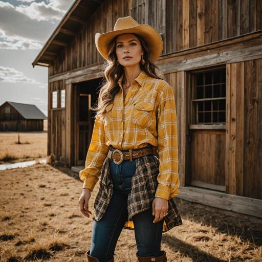 Woman in Western Outfit Near Barn