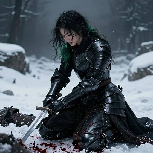 Female Warrior in Black Armor Kneeling in Snow