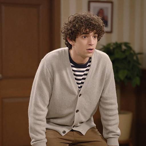 Surprised Young Man in Knitted Cardigan