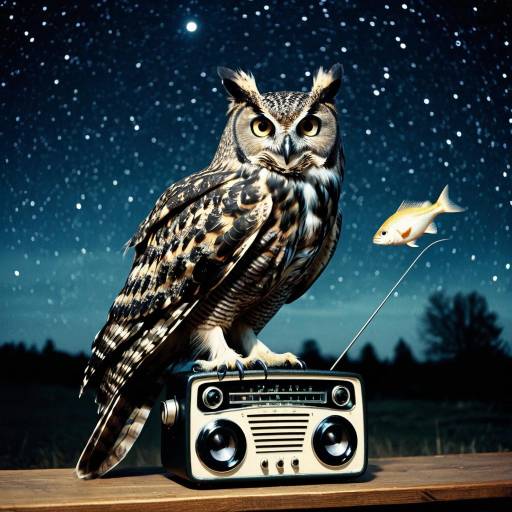Surreal Owl with Fish Tail and Vintage Radio