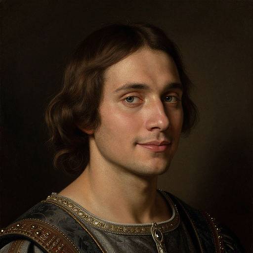 Photograph of a young man with long brown hair, light skin, blue eyes, and slight smile, wearing medieval-style dark garment with gold trim,