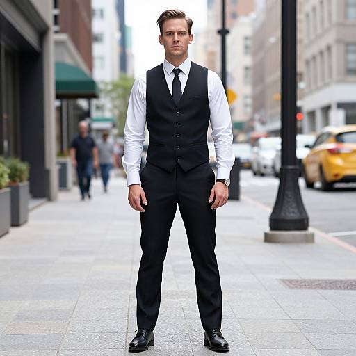 Photograph of a handsome, serious-looking man in a black vest, white shirt, black tie, and pants, standing on a busy city street.
