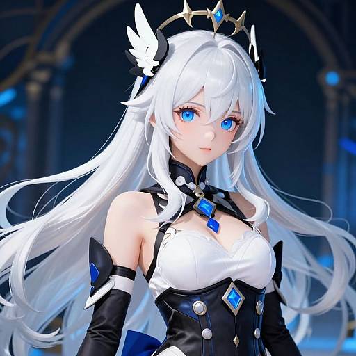Digital anime-style portrait of a white-haired, blue-eyed female character with a crown, black and white outfit, blue diamonds, and wings on her head